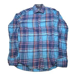 Bugatchi Linen Shirt Mens Medium Blue Red Plaid Long Sleeve Button Up Shaped Fit